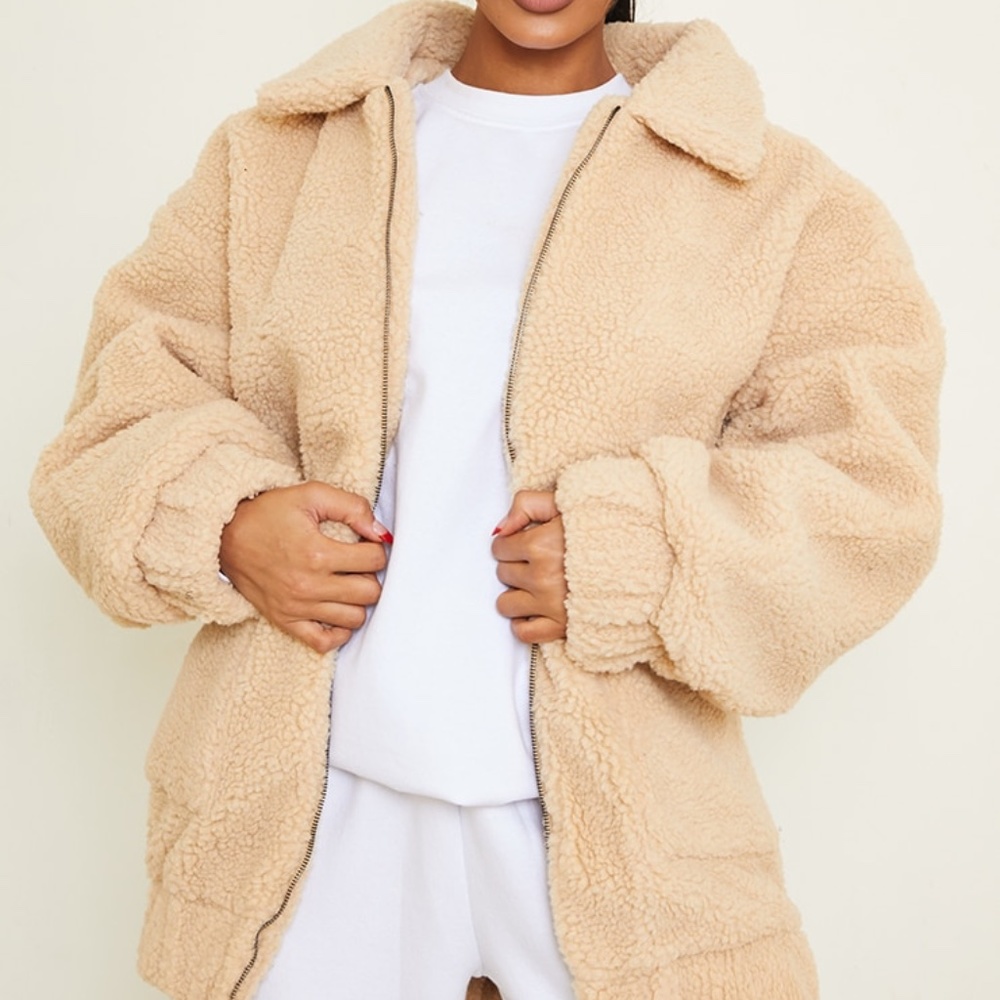Camel Oversized Borg Pocket Front Coat - image 1